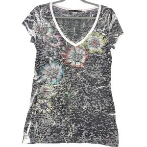 Y2K Rhinestone Floral Sheer V-Neck Tee Lg McBling Glam 2000s Indie Festival